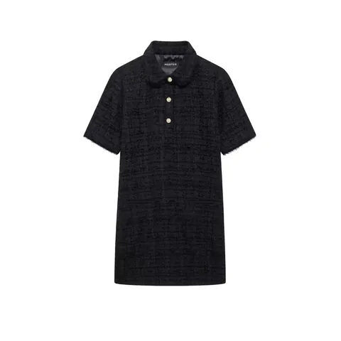 Damen Elegant Kurzarm Tweed Mini Kleid Goldene Knöpfe Umlegekragen Fransen Saum Texturiert Casual Bodycon Mode Kleid