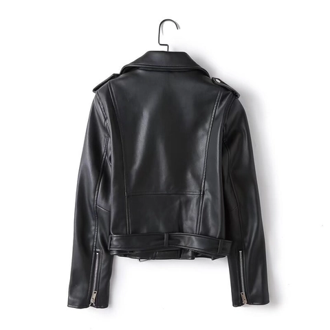 Chaqueta Moto de Mujer en Cuero Sintético PU Moda Callejera Abrigo Biker de Manga Larga Con Cinturón Ajustable