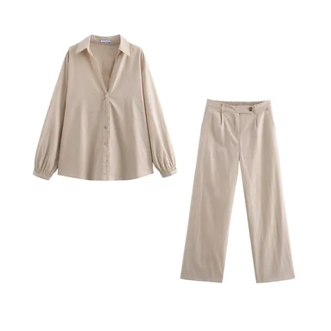 Women's Cotton Linen Casual Two Piece Set Lapel Long Sleeve Single Breasted Shirt Wide Leg Pants Khaki Elegant Outfit