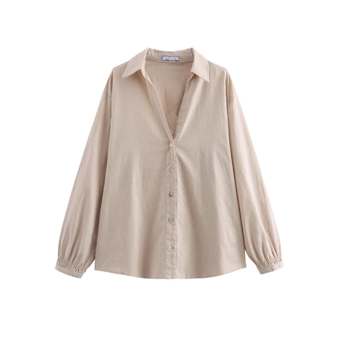 Women's Cotton Linen Casual Two Piece Set Lapel Long Sleeve Single Breasted Shirt Wide Leg Pants Khaki Elegant Outfit