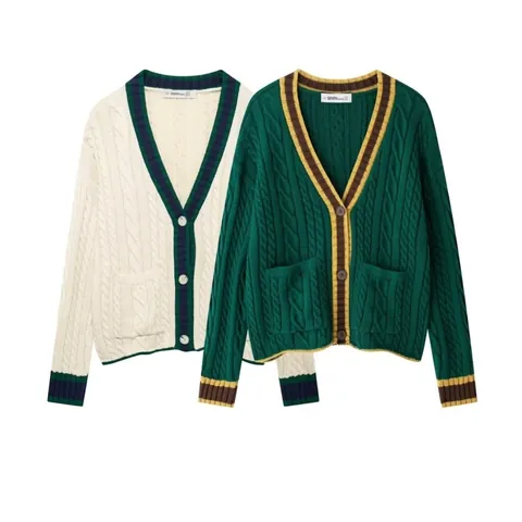 Cardigan Femme Style Preppy Col en V Rayures Contrastées Pull Rétro à Simple Boutonnage en Maille Torsadée Avec Poches Vêtements d'Extérieur