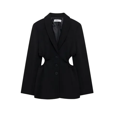 Chaqueta Americana Casual Negra para Mujer con Cintura Hueca Solapa Streetwear Manga Larga Chaqueta de Traje Street Style