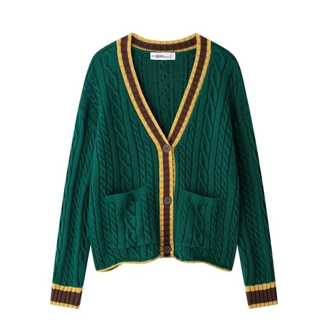 Cardigan Femme Style Preppy Col en V Rayures Contrastées Pull Rétro à Simple Boutonnage en Maille Torsadée Avec Poches Vêtements d'Extérieur