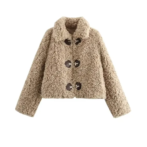 Giacca in Pelliccia Sintetica Teddy Fleece da Donna Cappotto Cropped con Fibbia in Pelle Alamaro Casual Caldo Streetwear