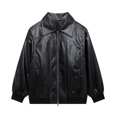 Women's Vintage Faux Leather Jacket Loose Long Sleeve Zipper Lapel Outerwear Streetwear Contrast Stitching Ribbed Trim Biker Coat
