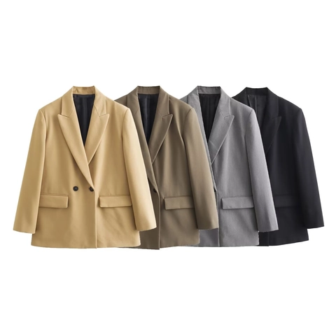 Women Blazer Jacket Double Breasted Lapel Long Sleeve Loose Fit Casual Office Professional Solid Color Fashion Outerwear