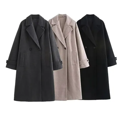 Cappotto Lungo di Lana Doppiopetto Elegante da Donna Tinta Unita Revers Soprabito Autunno Inverno Casual Trench Con Tasche