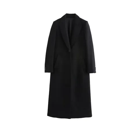 Damen Schwarz Langer Wollmantel Eleganter Anzugskragen Knopf Langarm Übermantel Herbst Winter Casual Mode Außenbekleidung