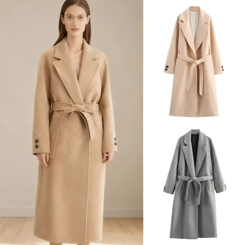 Cappotto da Donna Elegante Lungo in Misto Lana Con Cintura Bavero Tinta Unita Pesante Caldo Trench Invernale per Ufficio Quotidiano