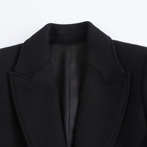 Damen Schwarz Langer Wollmantel Eleganter Anzugskragen Knopf Langarm Übermantel Herbst Winter Casual Mode Außenbekleidung