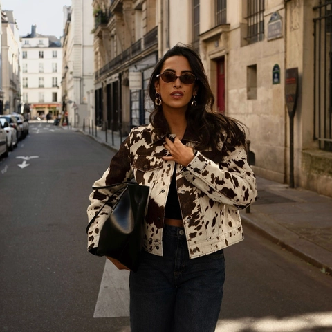 Chaqueta Corta para Mujer con Estampado de Vaca Moda Bloques de Color Solapa Abotonada Streetwear Estilo Denim Poliéster