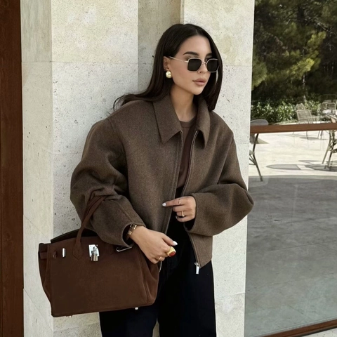 Chaqueta Corta Casual de Color Sólido Solapa Cremallera Aspecto de Lana para Mujer Manga Larga Streetwear Abrigo Holgado Otoño Invierno