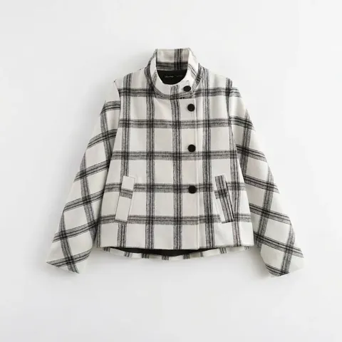 Damen Casual Karo Jacke Mantel Stehkragen Langarm Einreihig Schwarz Weiß Winter Herbst Mode Oberbekleidung Top
