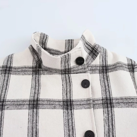 Damen Casual Karo Jacke Mantel Stehkragen Langarm Einreihig Schwarz Weiß Winter Herbst Mode Oberbekleidung Top