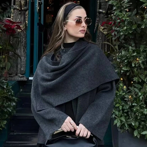 Women's Asymmetrical Scarf Collar Knit Cape Coat Elegant Solid Color Loose Poncho Jacket With Button Fall Winter Short Outerwear
