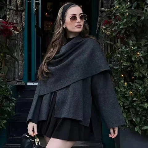 Women's Asymmetrical Scarf Collar Knit Cape Coat Elegant Solid Color Loose Poncho Jacket With Button Fall Winter Short Outerwear