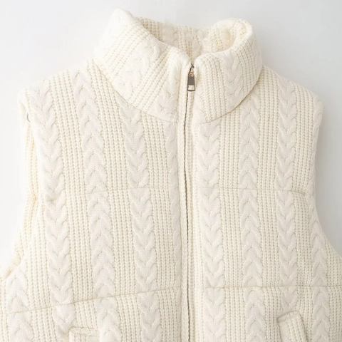 Damen Stehkragen Zopfmuster Gesteppte Weste Reißverschluss Ärmellos Jacke Wattierte Weste Oberbekleidung Herbst Winter Mode