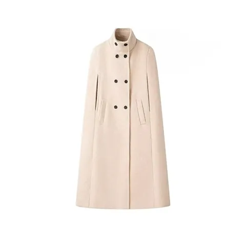 Dames Elegante Double-Breasted Cape Jas Opstaande Kraag Lange Polyester Mantel Voor Herfst Winter Kantoor Woon-Werkverkeer Bovenkleding