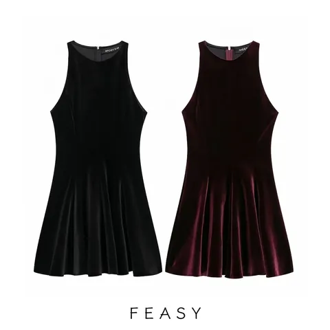 Women's Elegant Velvet Halter Sleeveless A-Line Mini Dress Solid Color Party Evening Cocktail Short Dress With Back Zipper