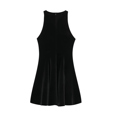 Women's Elegant Velvet Halter Sleeveless A-Line Mini Dress Solid Color Party Evening Cocktail Short Dress With Back Zipper