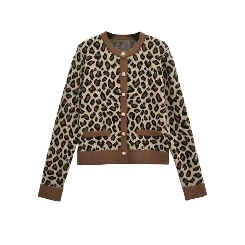 Women Casual Leopard Print Knit Cardigan Sweater Long Sleeve Gold Button Round Neck Streetwear Outerwear Autumn Winter