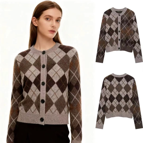 Women Retro Argyle Knitted Cardigan Round Neck Single Breasted Button Up Sweater Knitwear Autumn Winter Casual Top