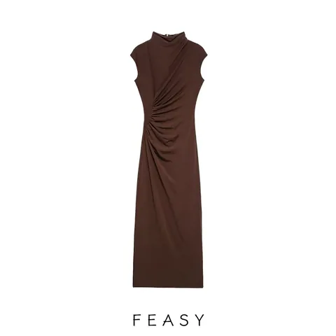 Vestido Midi sin Mangas con Cuello Alto y Fruncido para Mujer Corte Ajustado Elegante Cintura Alta de Punto Mezcla de Poliéster