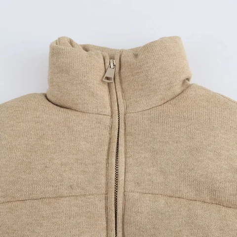 Damen Street Fashion Strick Wattierte Jacke Stehkragen Reißverschluss Gesteppter Kurzmantel Khaki Winter Warme Damenbekleidung
