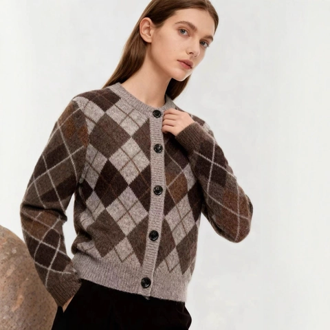 Women Retro Argyle Knitted Cardigan Round Neck Single Breasted Button Up Sweater Knitwear Autumn Winter Casual Top