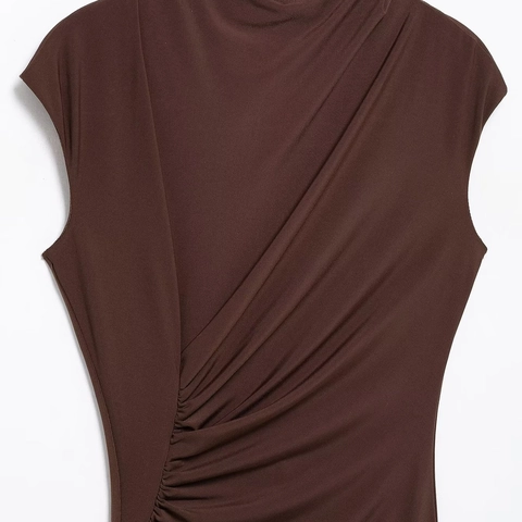 Vestido Midi sin Mangas con Cuello Alto y Fruncido para Mujer Corte Ajustado Elegante Cintura Alta de Punto Mezcla de Poliéster