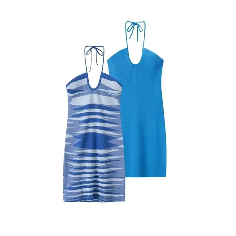 Abito Mini in Maglia con Scollo a Barchetta e Scollo a V Donna Sexy Incrocio Lacci Senza Schiena Slim Fit Blu Senza Maniche
