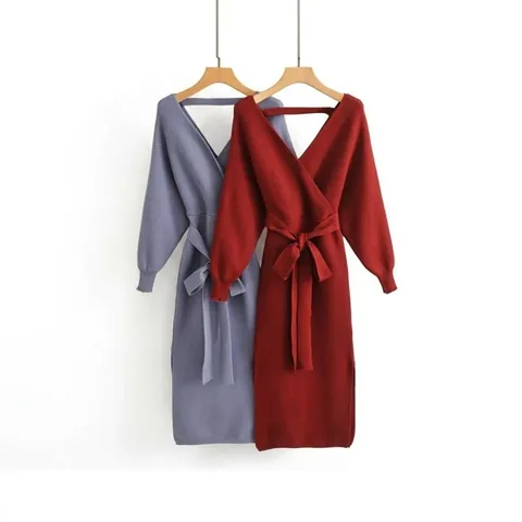 Vestido Midi de Punto para Mujer Cuello en V con Cinturón Manga Larga Puños Acanalados Abertura Lateral Elegante Vestido Pullover