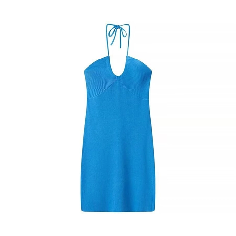 Abito Mini in Maglia con Scollo a Barchetta e Scollo a V Donna Sexy Incrocio Lacci Senza Schiena Slim Fit Blu Senza Maniche
