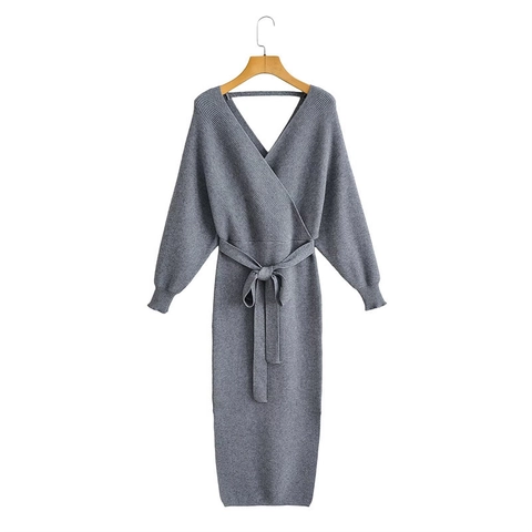 Vestido Midi de Punto para Mujer Cuello en V con Cinturón Manga Larga Puños Acanalados Abertura Lateral Elegante Vestido Pullover