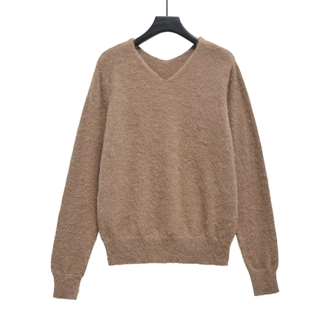 Pull en Tricot à Col en V Surdimensionné pour Femmes Texture Brossée Manches Longues Look Alpaga Pullover Décontracté Chaud Uni Streetwear