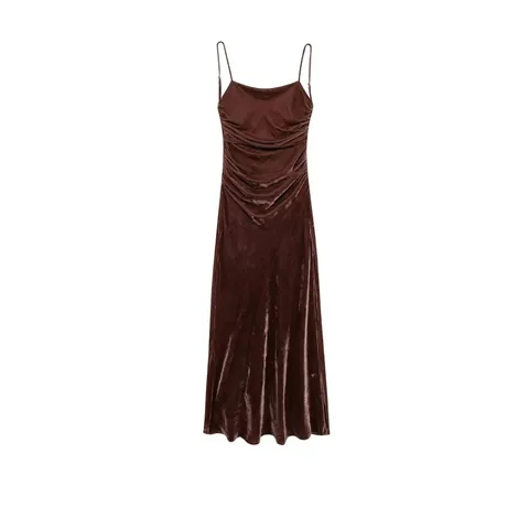 Women Elegant Brown Velvet Spaghetti Strap Ruched Midi Dress Sexy Bodycon Slim Fit Club Party Evening Dress Fall Winter