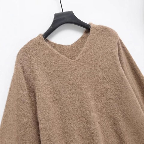 Pull en Tricot à Col en V Surdimensionné pour Femmes Texture Brossée Manches Longues Look Alpaga Pullover Décontracté Chaud Uni Streetwear
