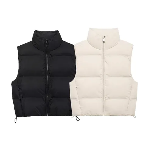 Gilet Matelassé Décontracté pour Femmes Col Montant Sans Manches Gilet Chaud Zippé Avec Ourlet Ajustable à Cordon