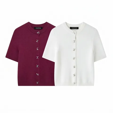 Cárdigan de Punto de Manga Corta para Mujer Cuello Redondo Botones de Lazo Elegante Color Sólido Suéter Chic