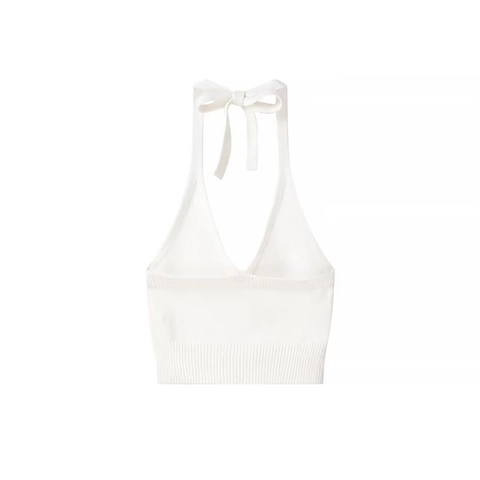 Chaleco de Punto Sexy para Mujer con Cuello Halter en V Lazo Espalda Descubierta sin Mangas Crop Top Blanco Liso Moda Streetwear