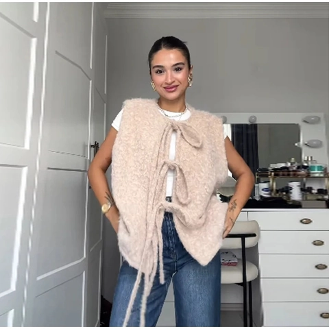 Chaleco Casual de Forro Polar Granulado para Mujer Con Múltiples Lazos Cuello en V Sin Mangas Chaleco Cálido Color Sólido Otoño Invierno