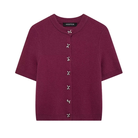 Cárdigan de Punto de Manga Corta para Mujer Cuello Redondo Botones de Lazo Elegante Color Sólido Suéter Chic