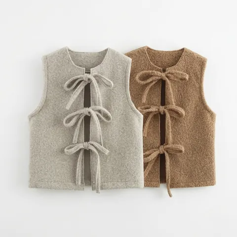 Chaleco Casual de Forro Polar Granulado para Mujer Con Múltiples Lazos Cuello en V Sin Mangas Chaleco Cálido Color Sólido Otoño Invierno