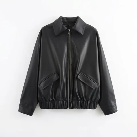 Veste en Similicuir à la Mode pour Femmes Revers Décontracté Bomber Large Automne Hiver Manches Longues Streetwear Manteau