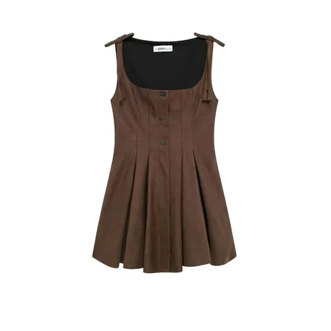 Damen Vintage Hahnentritt Trägerkleid Eckiger Ausschnitt Verstellbare Schleife Knöpfe Plissee A-Linie Ärmelloses Kleid