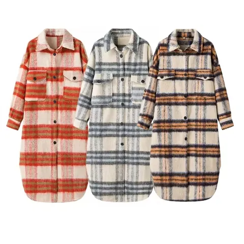 Women's Casual Plaid Shacket Long Sleeve Button Down Flannel Coat Jacket With Pockets Mid-Long Outerwear For Women