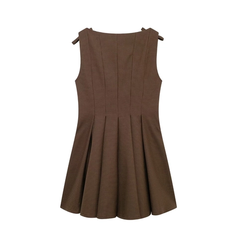 Damen Vintage Hahnentritt Trägerkleid Eckiger Ausschnitt Verstellbare Schleife Knöpfe Plissee A-Linie Ärmelloses Kleid