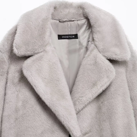 Women Long Faux Fur Coat Notched Lapel Winter Warm Jacket Elegant Solid Color Soft Overcoat Outwear With Pockets