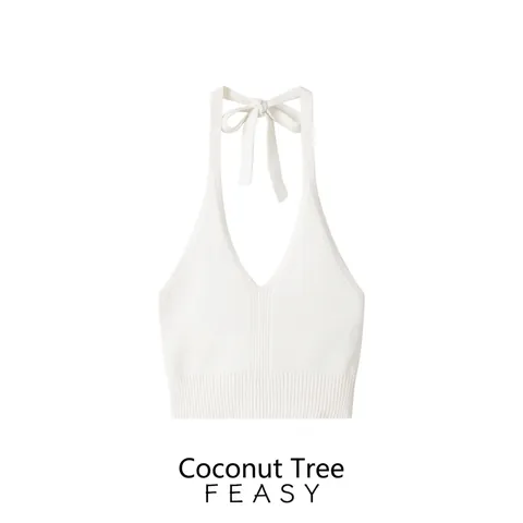 Women Sexy Halter Knitted Vest V Neck Bow Tie Backless Sleeveless Ribbed Hem Crop Top Solid White Streetwear Fashion