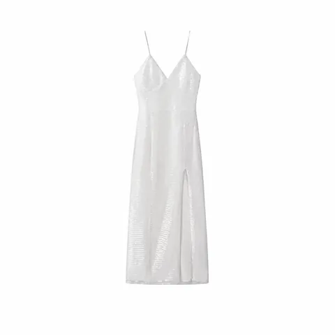 Vestito Donna Sexy Elegante Bianco Paillettes Spalline Sottili Scollo V Spacco Alto Midi Maxi per Festa Sera Banchetto Formale